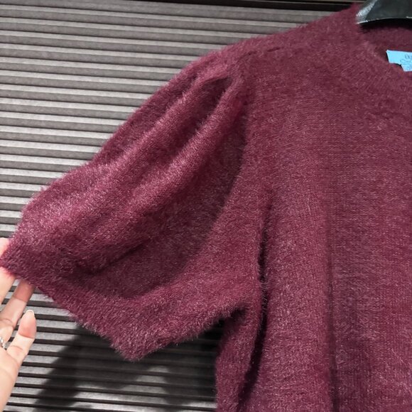 CeCe Women's Burgundy Short Sleeve Mock Neck Eyelash Knit sweater SZ: XL - Picture 4 of 13